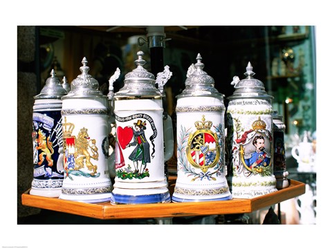 Framed Group of beer steins on a table, Munich, Germany Print