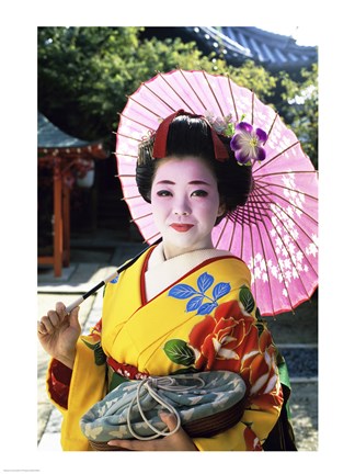 Framed Geisha holding a parasol, Kyoto, Japan Print