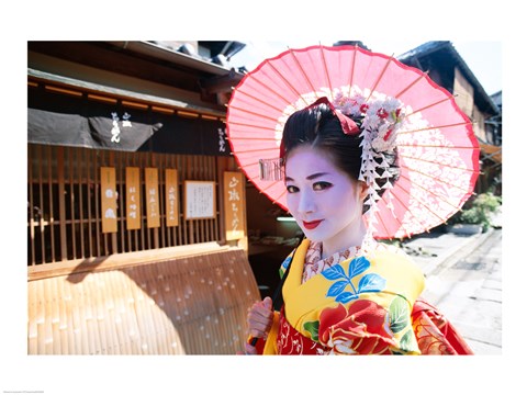 Framed Geishadressed in a kimono, Kyoto, Honshu, Japan Print