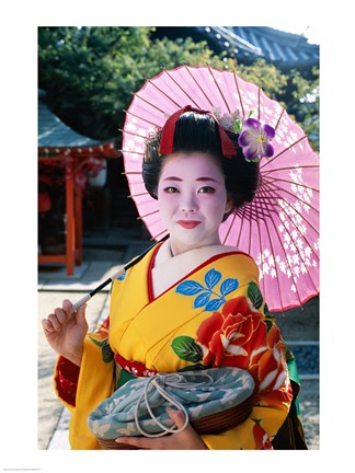 Framed Geisha with Pink Umbrella Print
