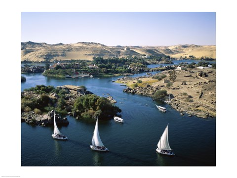 Framed Sailboats In A River, Nile River, Aswan, Egypt Landscape Print