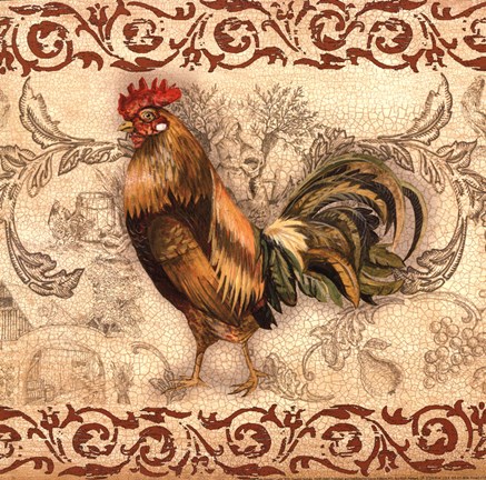 Framed Toile Rooster I Print