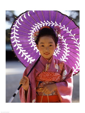 Framed Portrait of a girl holding a parasol, Shichi Go San, Japan Print