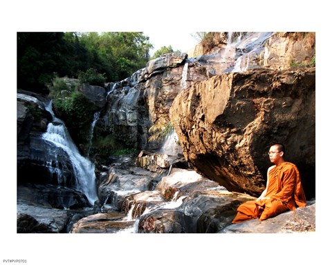 Framed Buddhist Monk In Mae Klang Waterfall Print