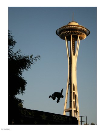 Framed Skateboarder Aloft and Space Needle Print