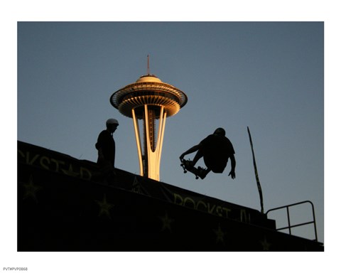 Framed Skateboarder Aloft and Space Needle Print