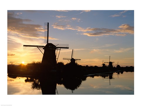Framed Silhouette, Windmills at Sunset, Kinderdijk, Netherlands Print