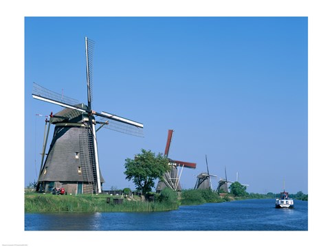 Framed Windmills and Canal Tour Boat, Kinderdijk, Netherlands Print