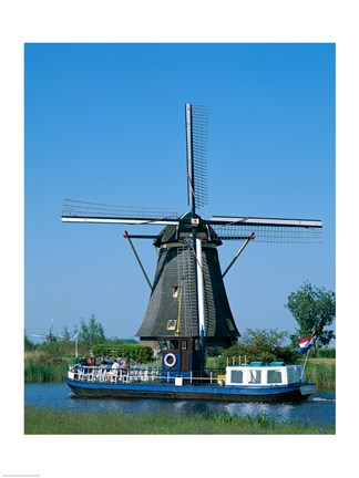 Framed Windmill and Canal Tour Boat, Kinderdijk, Netherlands Print