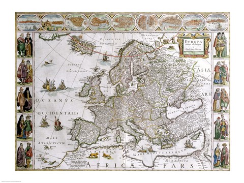 Framed Close-up of the map of Europe, Joan Bleau, 1630 Print