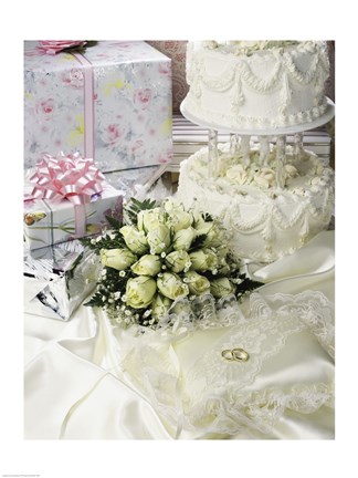 Framed Cake with rings and gifts on a sheet Print