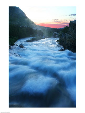 Framed River flowing around rocks at sunrise, Sunrift Gorge, US Glacier National Park, Montana, USA Print