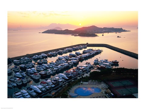 Framed Sunrise over Peng Chau Island with Discovery Bay Marina in foreground, Hong Kong, China Print