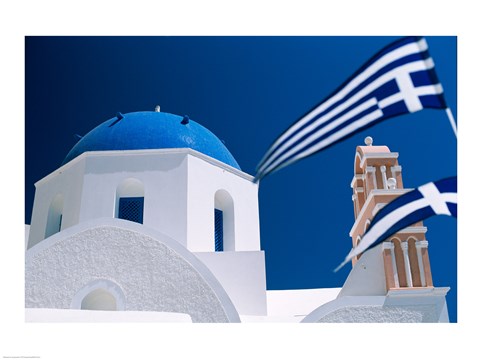 Framed Santorini, Oia , Cyclades Islands, Greece With Flag Print