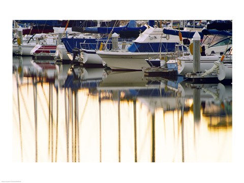 Framed USA, California, Santa Barbara, boats in marina at sunrise Print