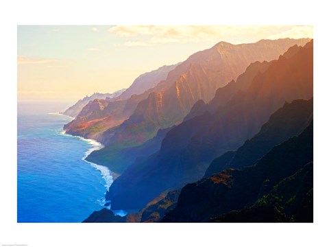 Framed Mountain range at sunrise, Na Pali Coast, Kauai, Hawaii, USA Print