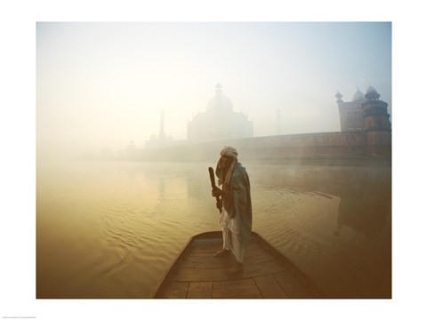 Framed Silhouette of a man standing on a boat in the Yamuna River, Taj Mahal, Agra, Uttar Pradesh, India Print