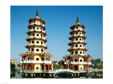 Framed Facade of a pagoda, Dragon and Tiger Pagoda, Lotus Lake, Kaohsiung, Taiwan Print