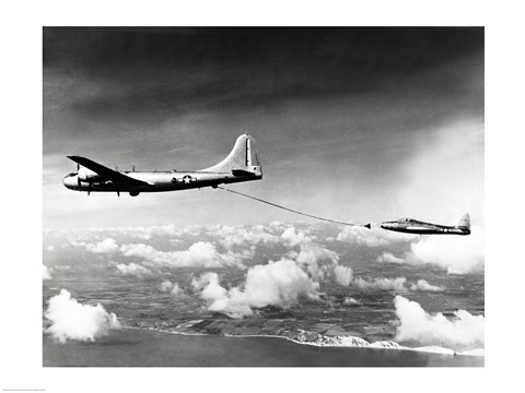 Framed Side profile of a military tanker airplane refueling in flight, B-29 Superfortress, F-84 Thunderjet Print