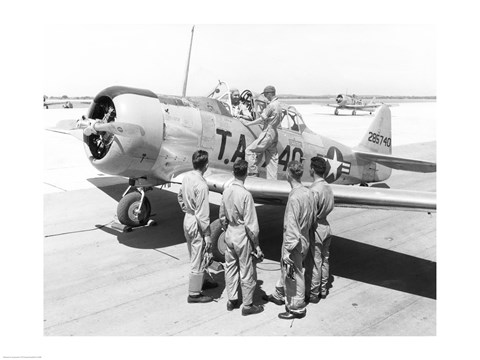 Framed Rear view of four soldiers standing near a fighter plane, T-6 Texan Print