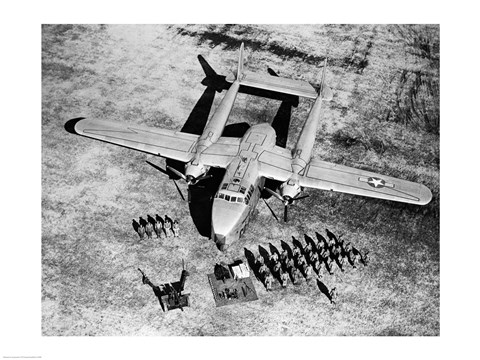 Framed High angle view of soldiers standing near a military airplane, Fairchild C-119 Flying Boxcar Print