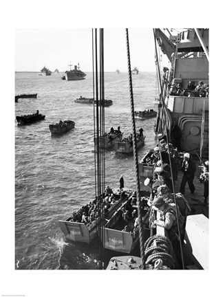 Framed High angle view of army soldiers in a military ship, Normandy, France, D-Day, June 6, 1944 Print