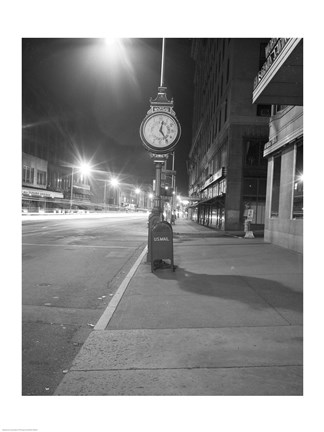Framed Night view with street clock and mailbox Print
