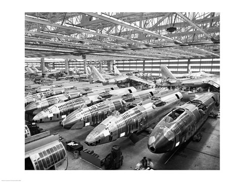 Framed Incomplete Bomber Planes on the Final Assembly Line in an Airplane Factory, Wichita, Kansas, USA Print