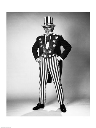 Framed Senior man in an Uncle Sam Costume Standing with Arms Akimbo Print
