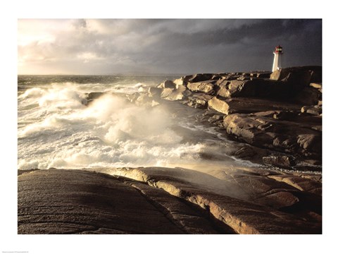 Framed Waves crashing against rocks, Peggy's Cove Lighthouse, Peggy's Cove, Nova Scotia, Canada Print