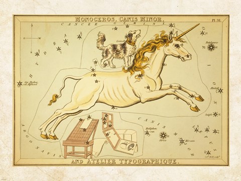 Framed Monoceros Canis Minor and Atelier Typographique Print