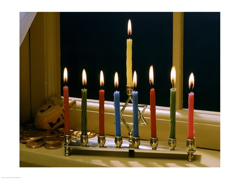 Framed Close-up of a menorah with burning candles and a Star of David Print