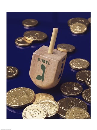 Framed Close-up of a Hanukkah dreidel with Hanukkah gelts Print