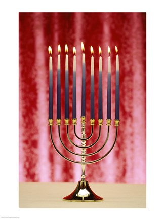 Framed Close-up Of Lit Candles On A Menorah On Red Print