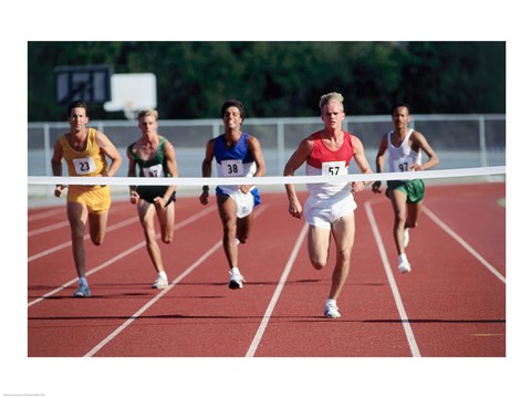 Framed Male athletes running on a running track Print