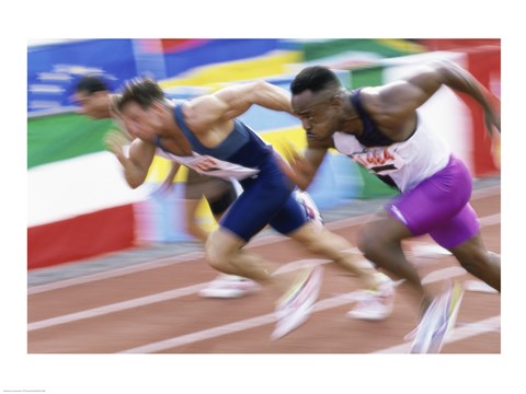 Framed Side profile of three men running low on a running track Print