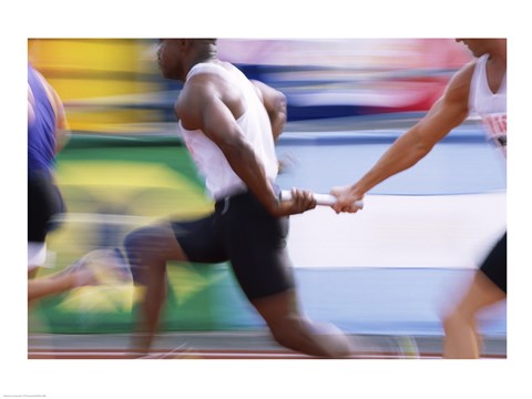 Framed Side profile of three men passing a relay baton Print