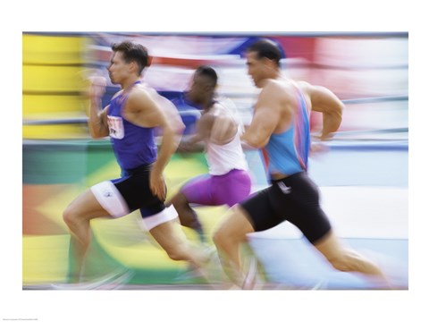 Framed Side profile of three men running on a track Print