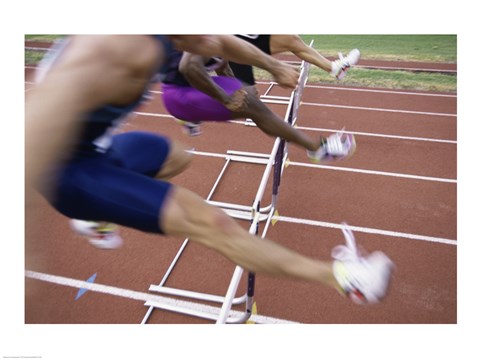 Framed Side profile of three people jumping a hurdle Print