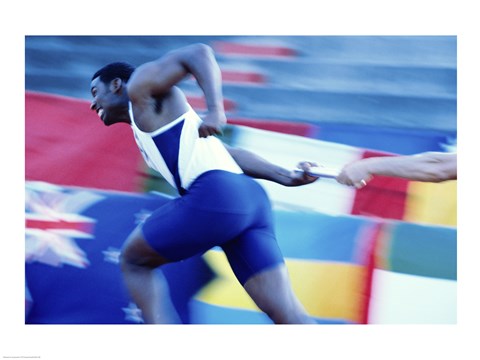 Framed Side profile of runners passing a baton in a relay race Print