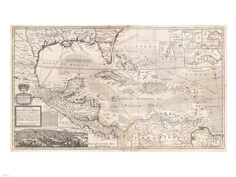 Framed 1732 Herman Moll Map of the West Indies, Florida, Mexico, and the Caribbean Print