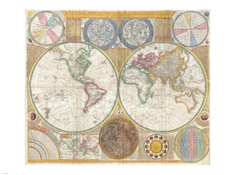 Framed 1794 Samuel Dunn Wall Map of the World in Hemispheres Print