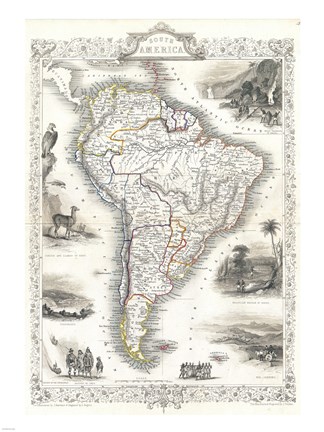 Framed 1850 Tallis Map of South America Print