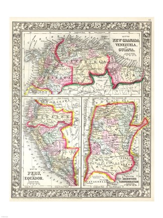 Framed 1860 Mitchell&#39;s Map of Peru, Ecuador, Venezuela, Columbia and Argentina Print