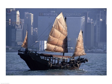 Framed Chinese Junk sailing in the sea, Hong Kong Harbor, Hong Kong, China Print