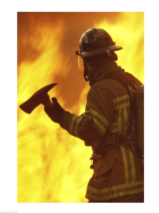 Framed Firefighter holding an axe Print