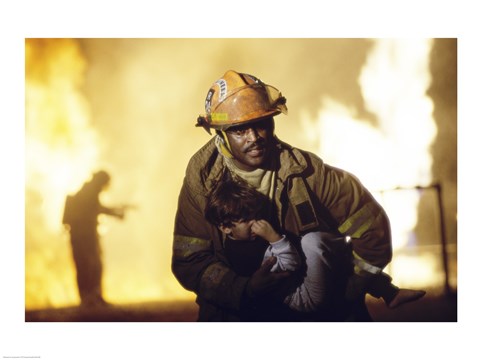 Framed Firefighter carrying a boy Print