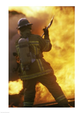Framed Rear view of a firefighter holding an axe Print