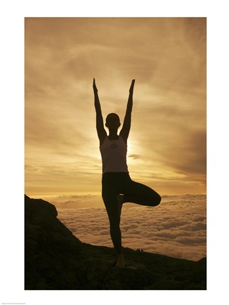 Framed Silhouette of a young woman exercising, Haleakala National Park, Maui, Hawaii, USA Print