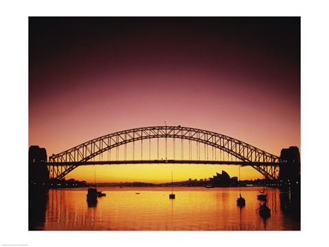 Framed Silhouette of a bridge across a harbor, Sydney Harbor Bridge, Sydney, New South Wales, Australia Print